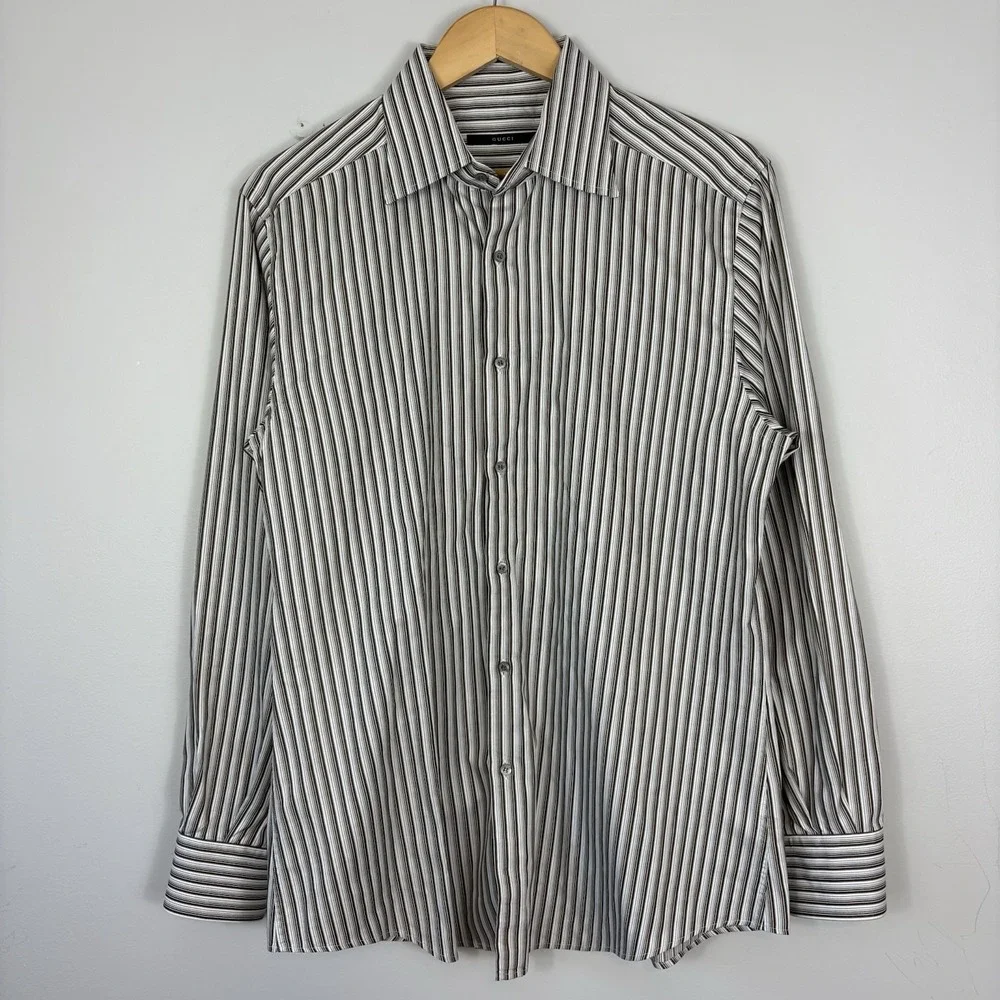 Gucci Long Sleeve Button Down Shirt Brown White Striped Cotton‎ Size 43 / 17